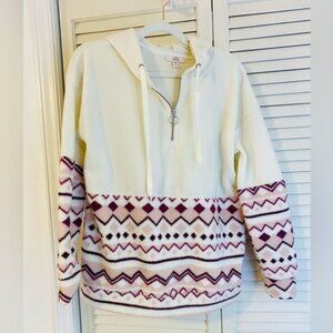 Como Vintage Cream & Burgundy Geometric Fleece Pullover Hoodie With Size M